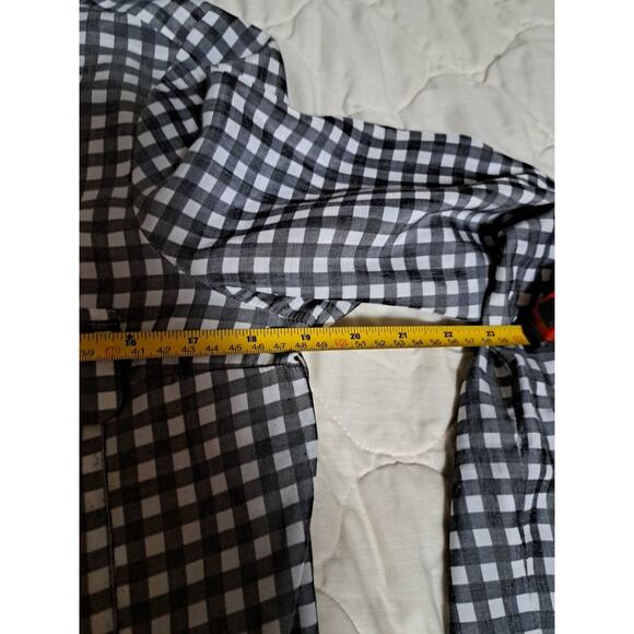 Express The City Womens M Plaid Blk White Button Up Collared Career Top Pockets - Picture 7 of 9